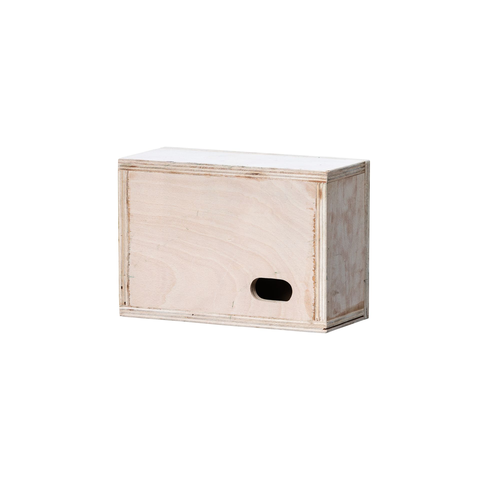 Light wood pet hideaway box with a side entrance hole