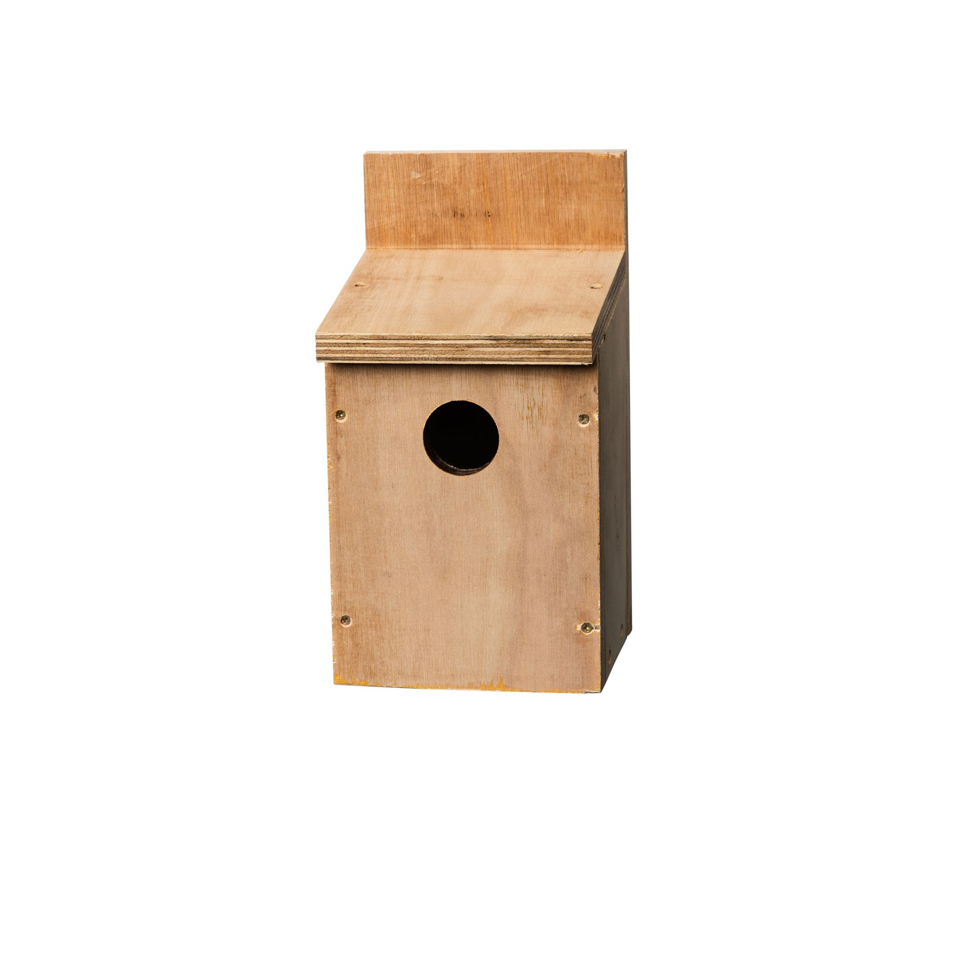 Wooden birdhouse with a circular entrance hole and slanted roof