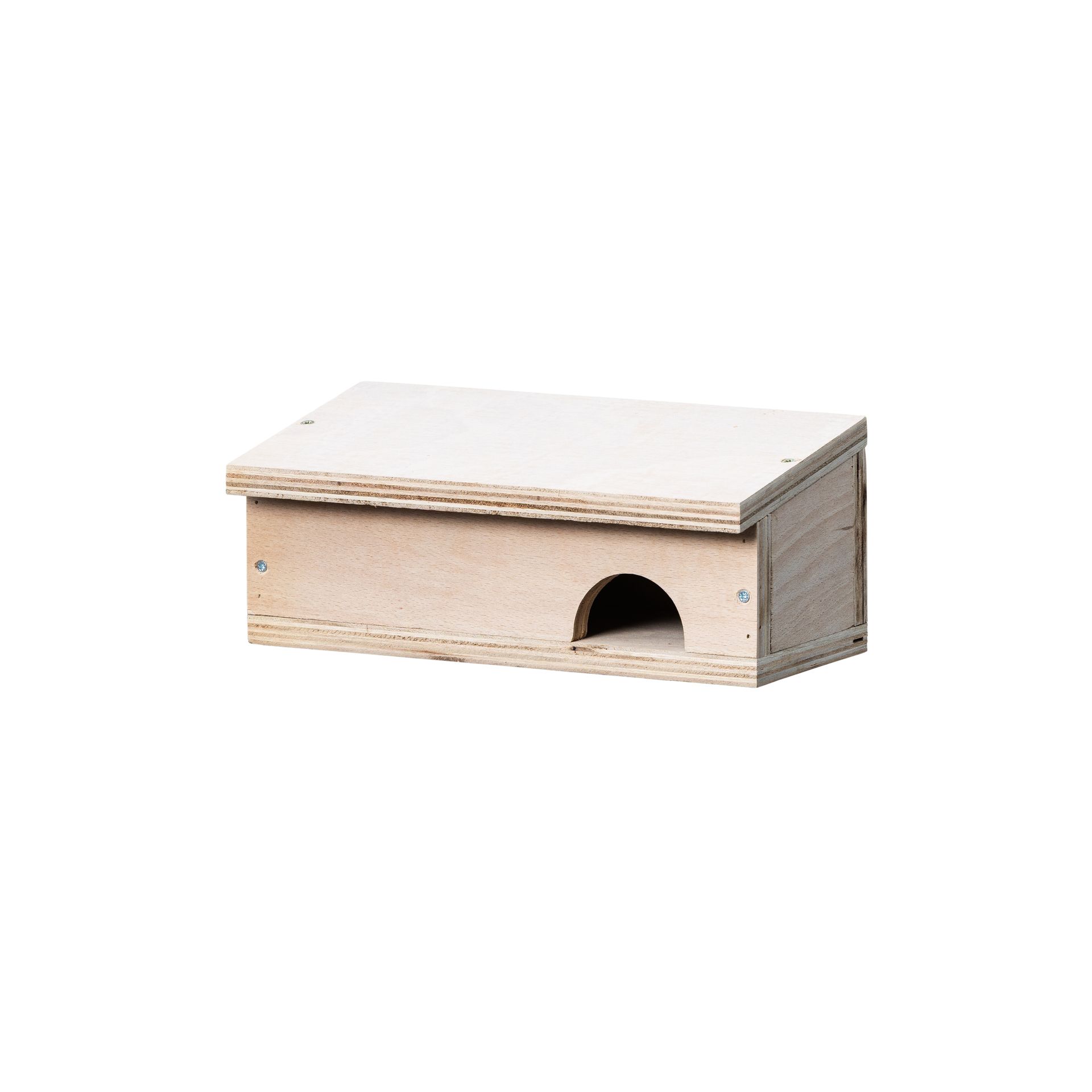 Small beige wooden birdhouse with a round entrance hole on a white background