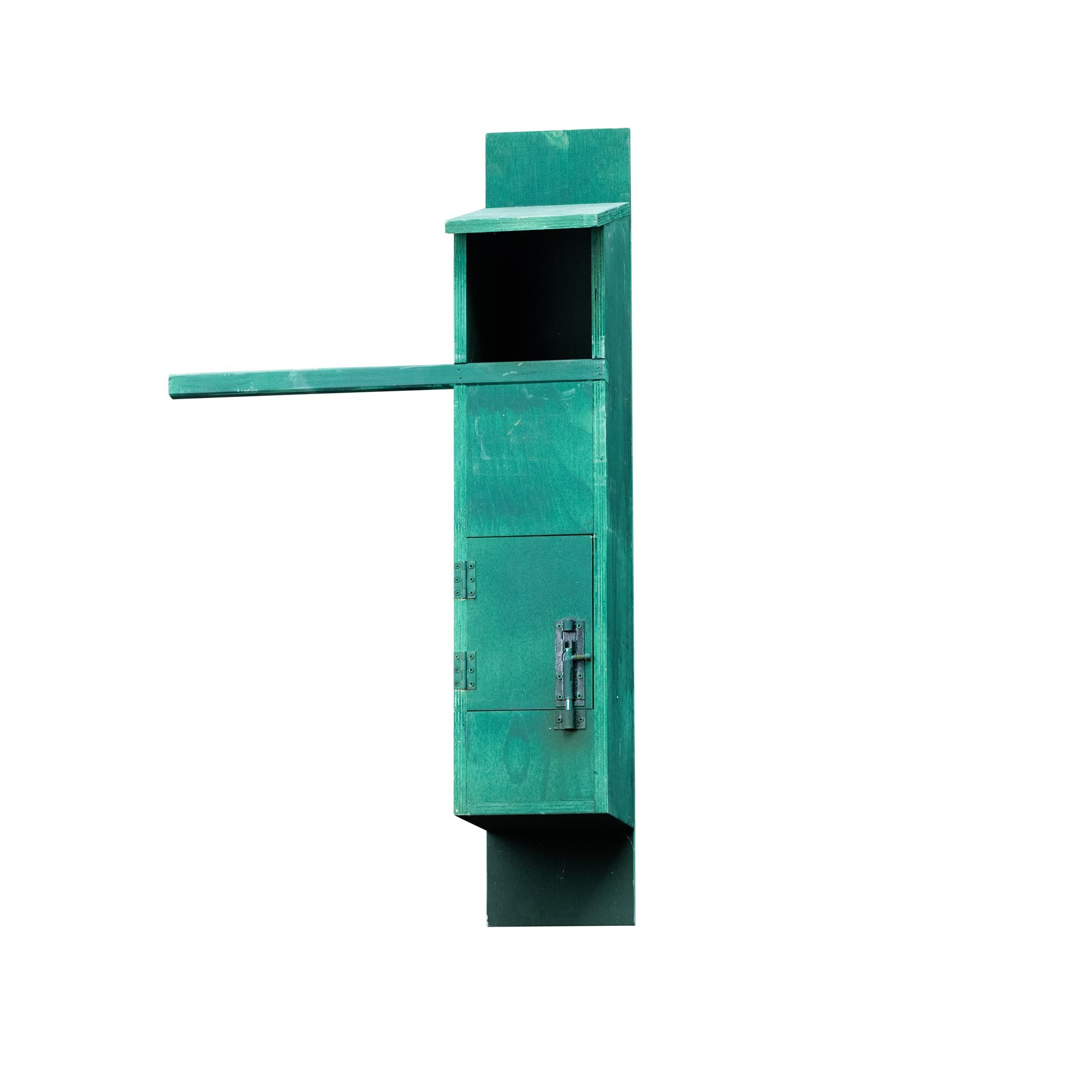 Turquoise wall-mounted mailbox with an open top slot and side tray on a white background