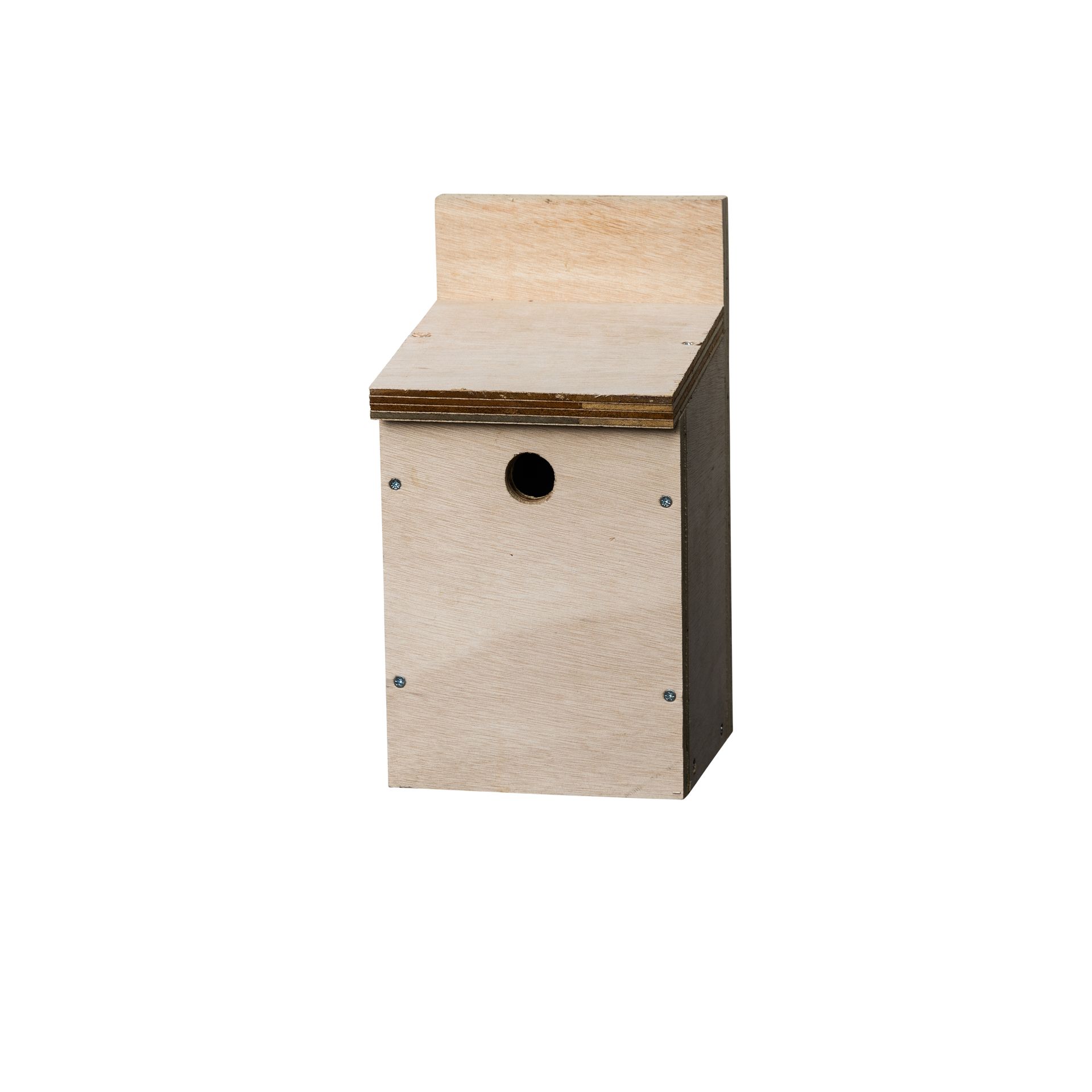 Wooden birdhouse with a slanted roof and round entrance hole