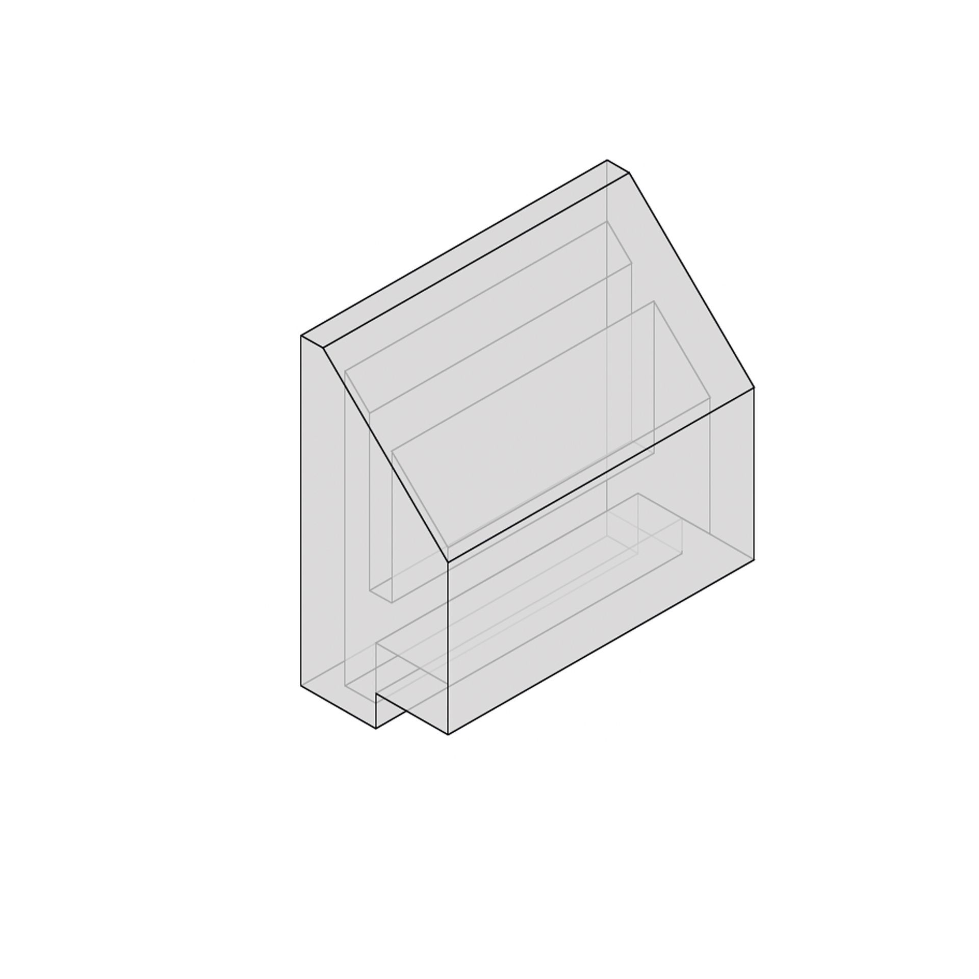 Transparent 3D box-like CAD model with a slanted top and open rectangular interior.