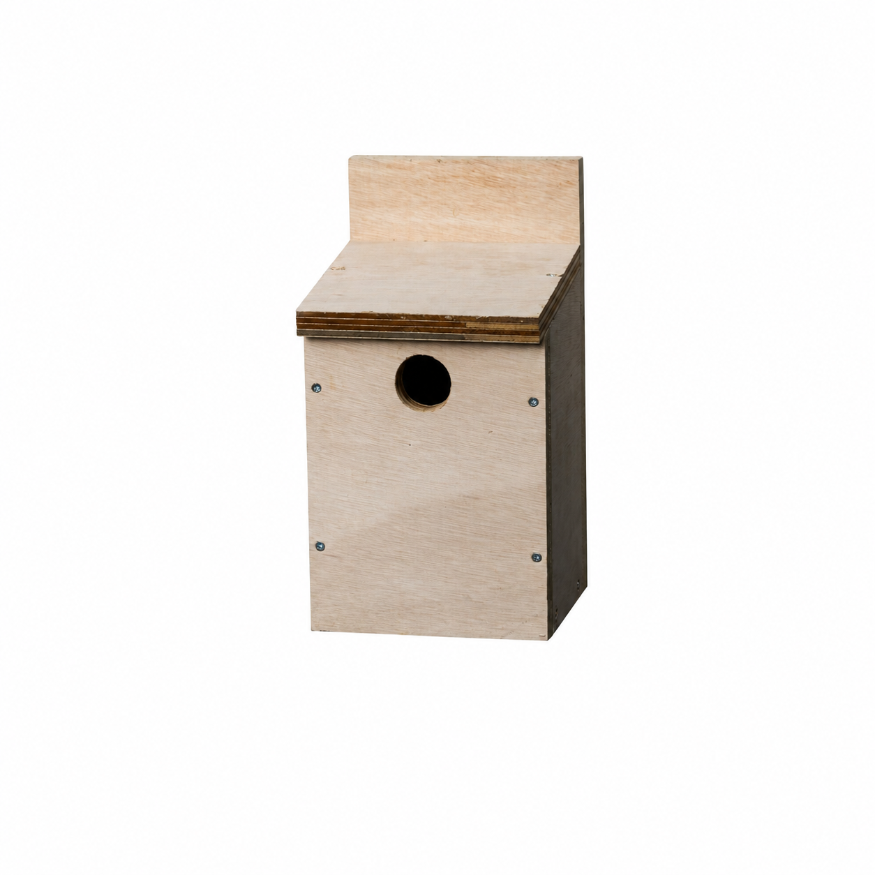 Small beige wooden birdhouse with a slanted roof and round entrance hole