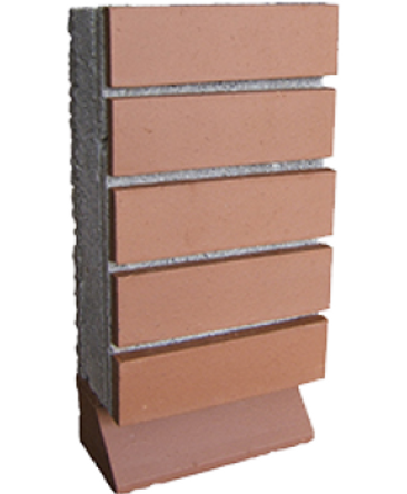 Brick cladding panel with reddish-brown bricks and gray mortar on a dark backing