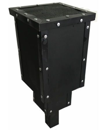 Black metal industrial vent or chimney cap with riveted panels and square top opening