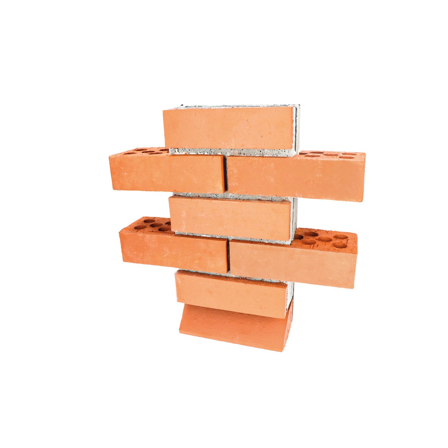 Stack of orange bricks arranged in a staggered wall on a white background