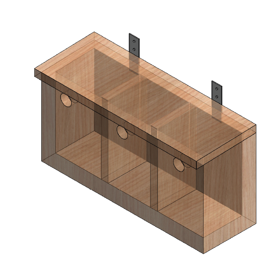 3-bay wooden cabinet with two wall-mount brackets, shown in 3D render