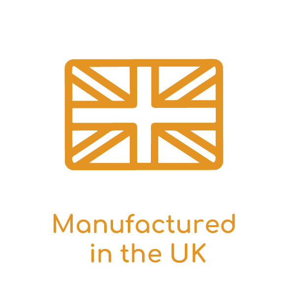 Orange UK flag icon with “Manufactured in the UK” text