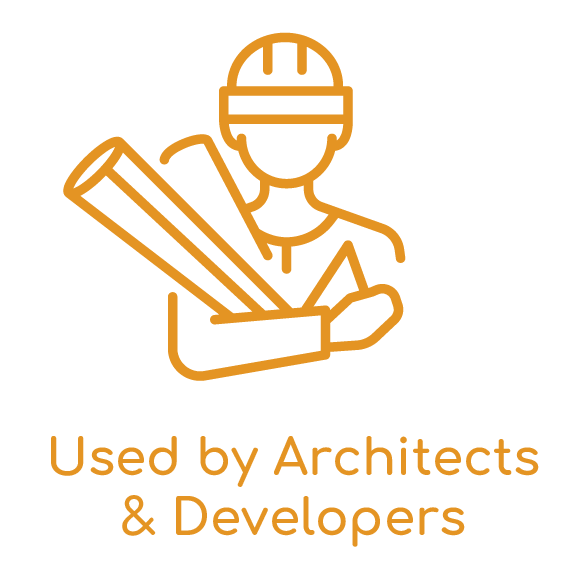 Orange line icon of architect with drafting tools and text “Used by Architects & Developers”