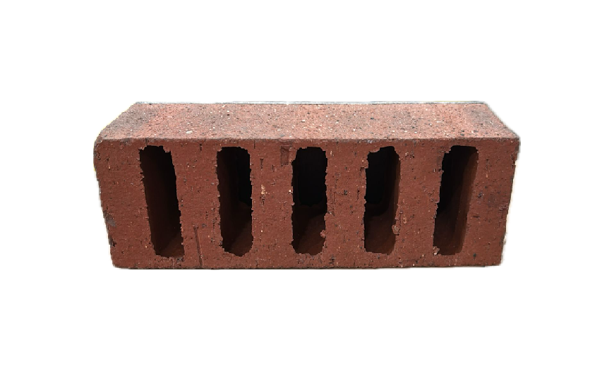 Two brick sample display stands, one red-brown and one gray, with layered panels on bases