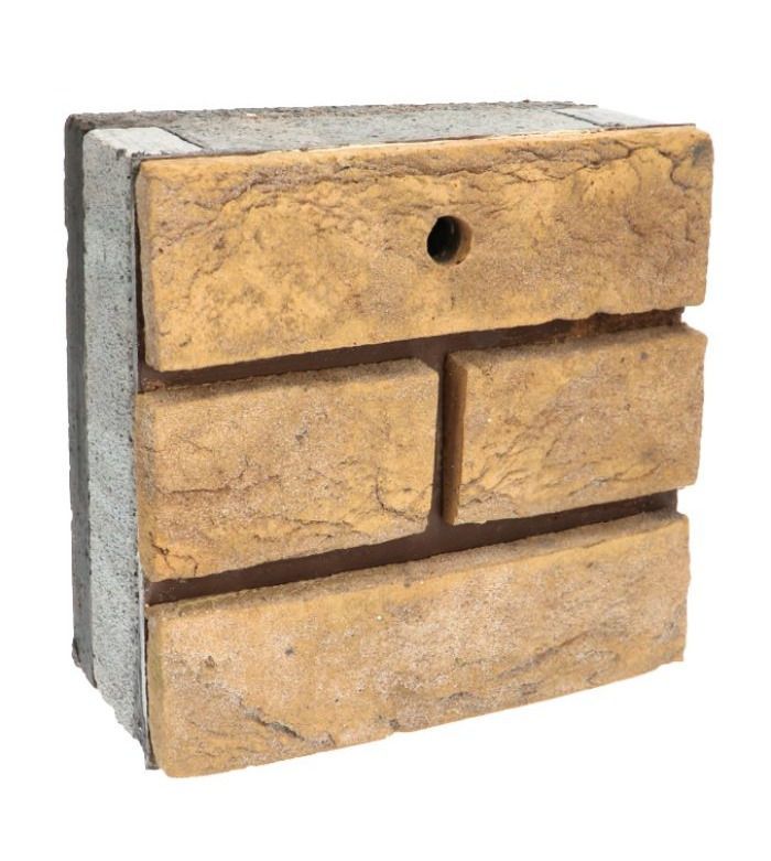 Small yellow and gray decorative brick block with a hole near the top