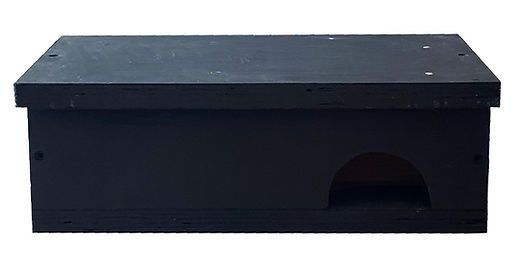 Black rectangular wooden box with a semi-circular opening on the front and a flat top
