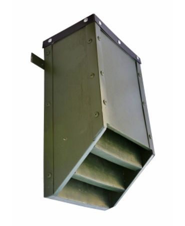 Industrial wall-mounted metal vent with a rectangular body and slanted open bottom.