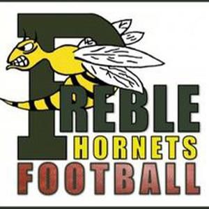 A logo for the treble hornets football team with a bee on it.