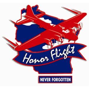 A red and blue airplane with a banner that says honor flight never forgotten