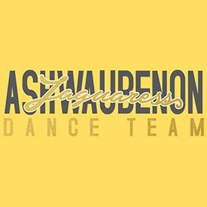 A logo for a dance team on a yellow background.