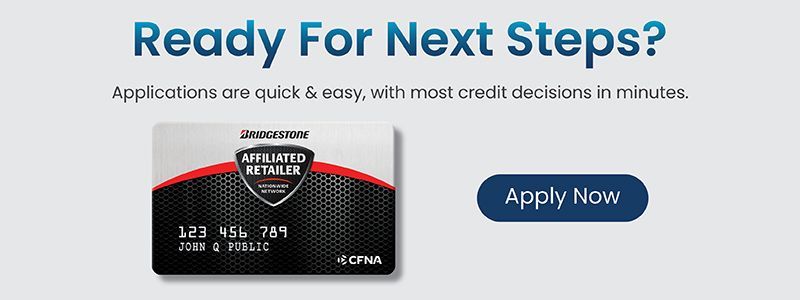 Promotional banner with “Ready For Next Steps?”, a credit card image, and an “Apply Now” button