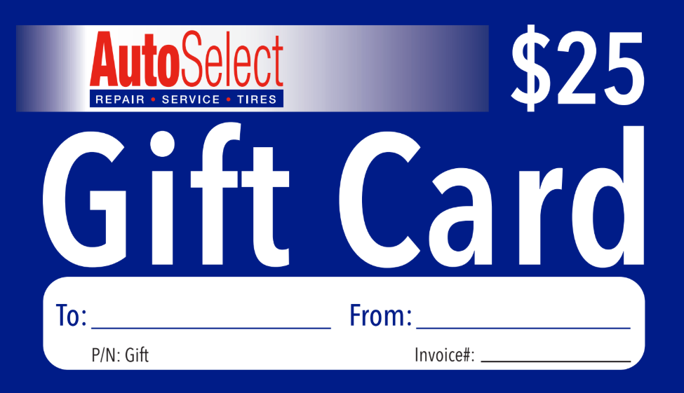 A $25 AutoSelect gift card on a blue background with fields for