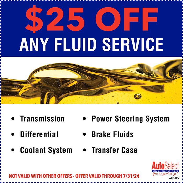 A coupon that says $ 25 off any fluid service