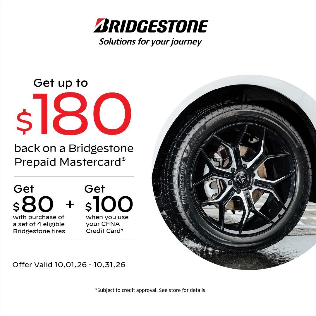 Bridgestone ad: Get $100 off with purchase of 4 all-terrain tires. Features a Land Rover. Offer valid 06.02.25-09.30.25.