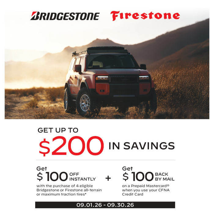 Bridgestone ad: Get $100 off with purchase of 4 all-terrain tires. Features a Land Rover. Offer valid 06.02.25-09.30.25.