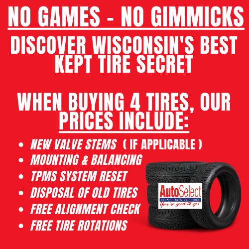 A red sign that says no games no gimicks discover wisconsin 's best kept tire secret