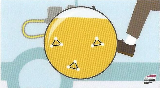 A drawing of a yellow circle with triangles on it
