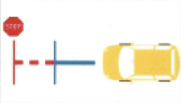 A stop sign and a yellow car are shown on a white background.