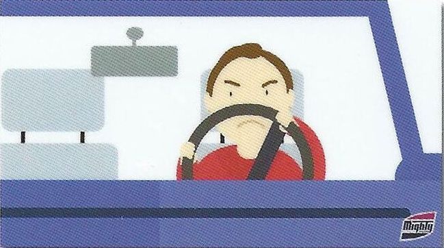 A cartoon of a man driving a car with an angry look on his face