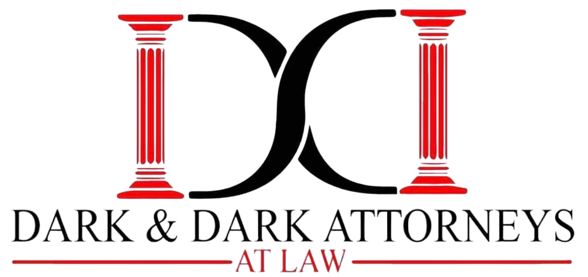 Dark & Dark Attorneys at Law logo with stylized black D letters and red columns on white background
