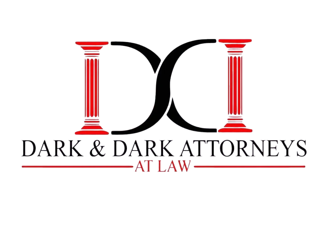 Dark and Dark Attorneys at Law logo with black and red stylized columns and text