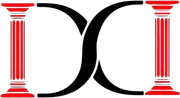Stylized black double-C logo between two red striped columns on a white background