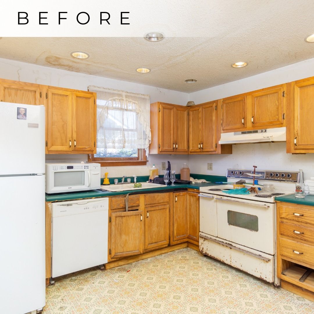 Before photo of a dated kitchen with wood cabinets, white appliances, and green countertops