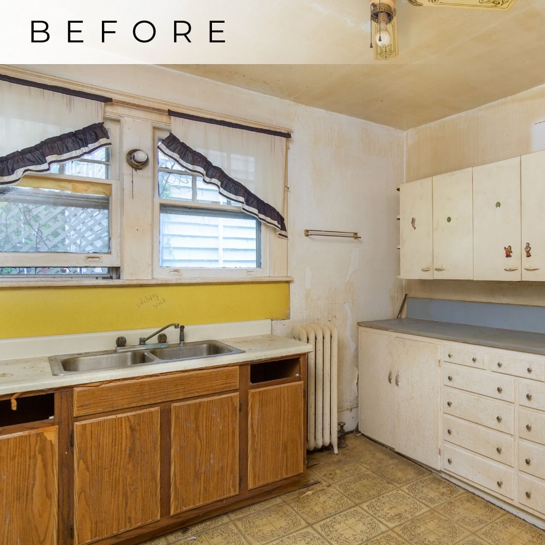 Before photo of a dated kitchen with wood cabinets, white appliances, yellow backsplash, and curtained windows