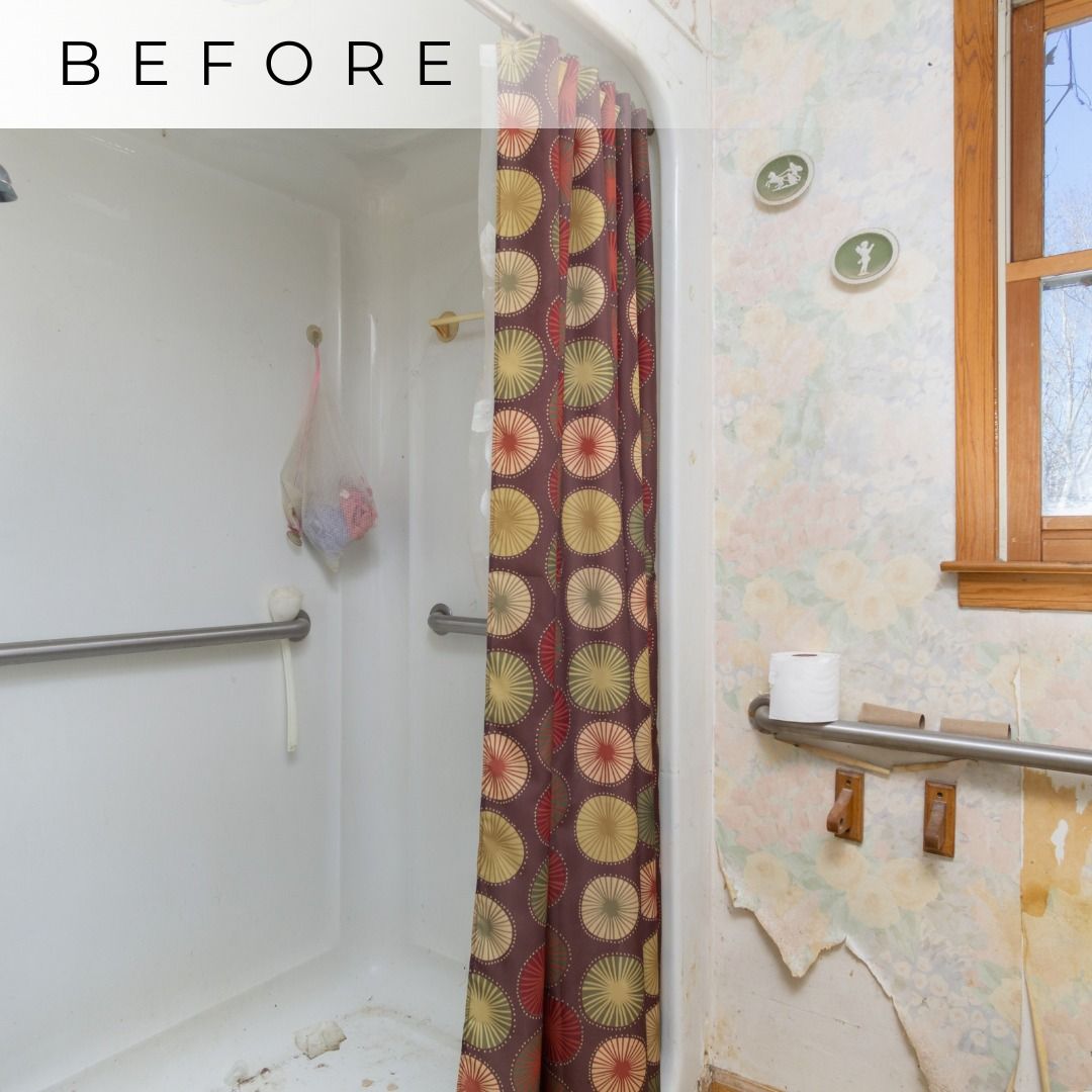 Small bathroom shower labeled “BEFORE,” with white walls, floral curtain, and a window beside a chipped wall.