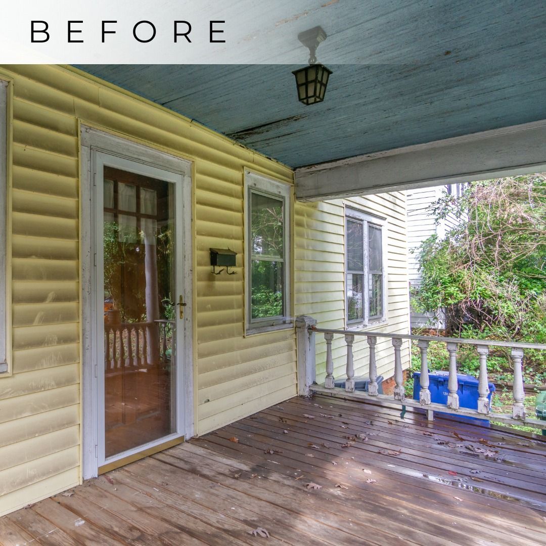 Front porch with yellow siding, wood floor, glass door, and white railing; “BEFORE” text at top.