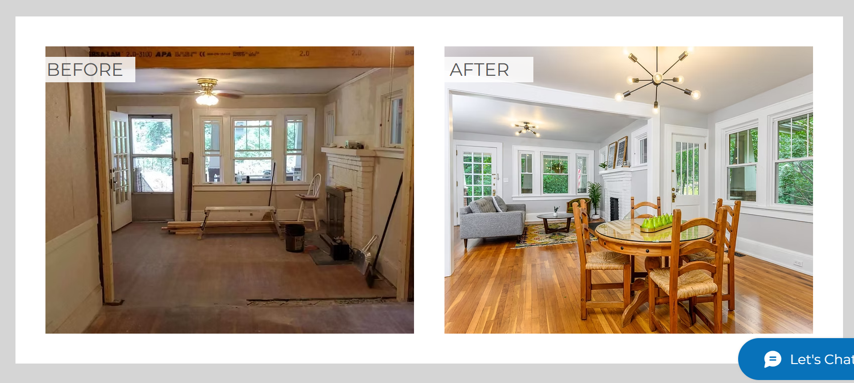 Before-and-after interior renovation: empty room and bright dining area with wood floors, windows, and table