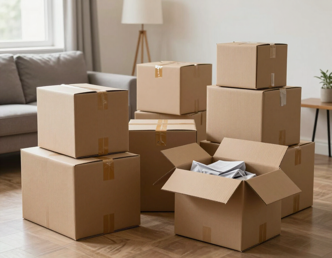Varias cajas de cartón para mudanza, apiladas y abiertas, sobre el suelo de madera de una sala de estar
