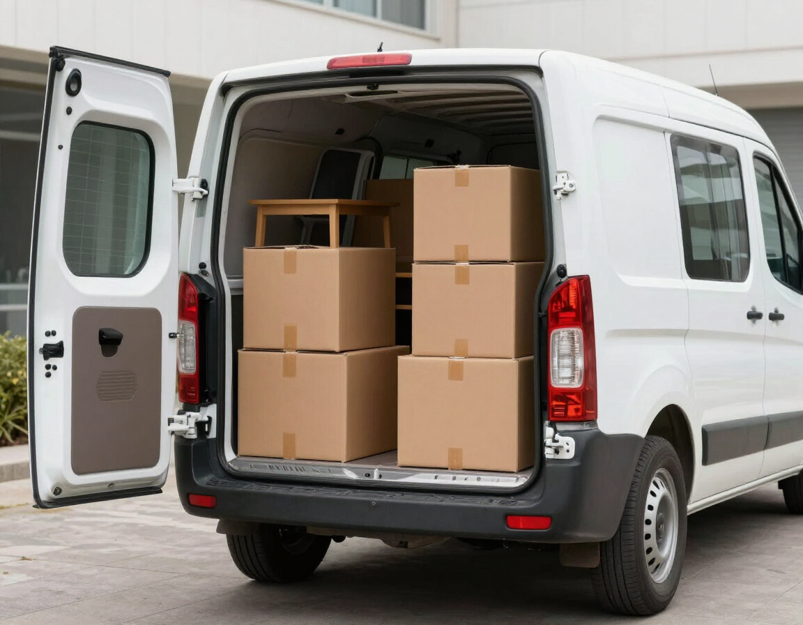 Furgoneta de carga blanca abierta, con las puertas traseras abiertas y llena de cajas de cartón apiladas para su entrega.