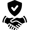 Handshake below a shield with a checkmark, symbolizing agreement and security.