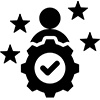 Person figure inside a gear with a check mark, surrounded by stars, representing skills and competence.