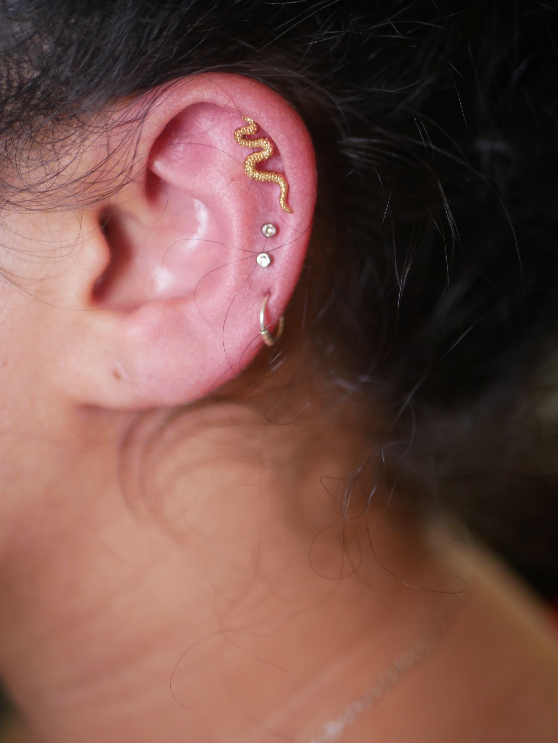 A close up of a woman 's ear with multiple piercings.