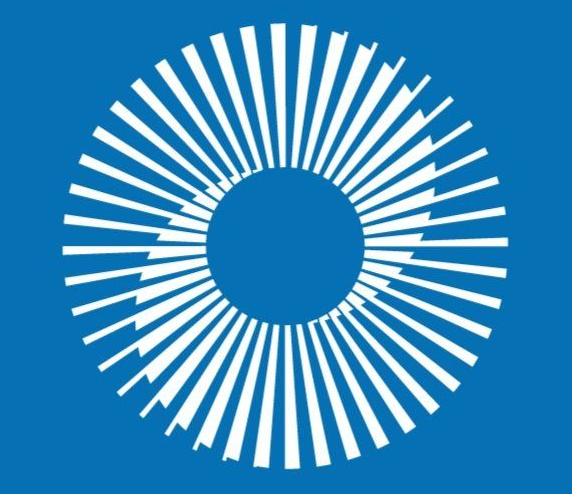 Blue circular logo with white radiating spokes around a center circle
