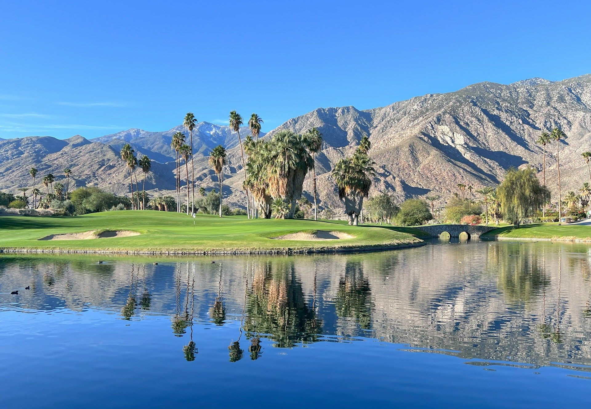 Desert golf course with palm trees and mountains reflected in a calm lake under a blue sky