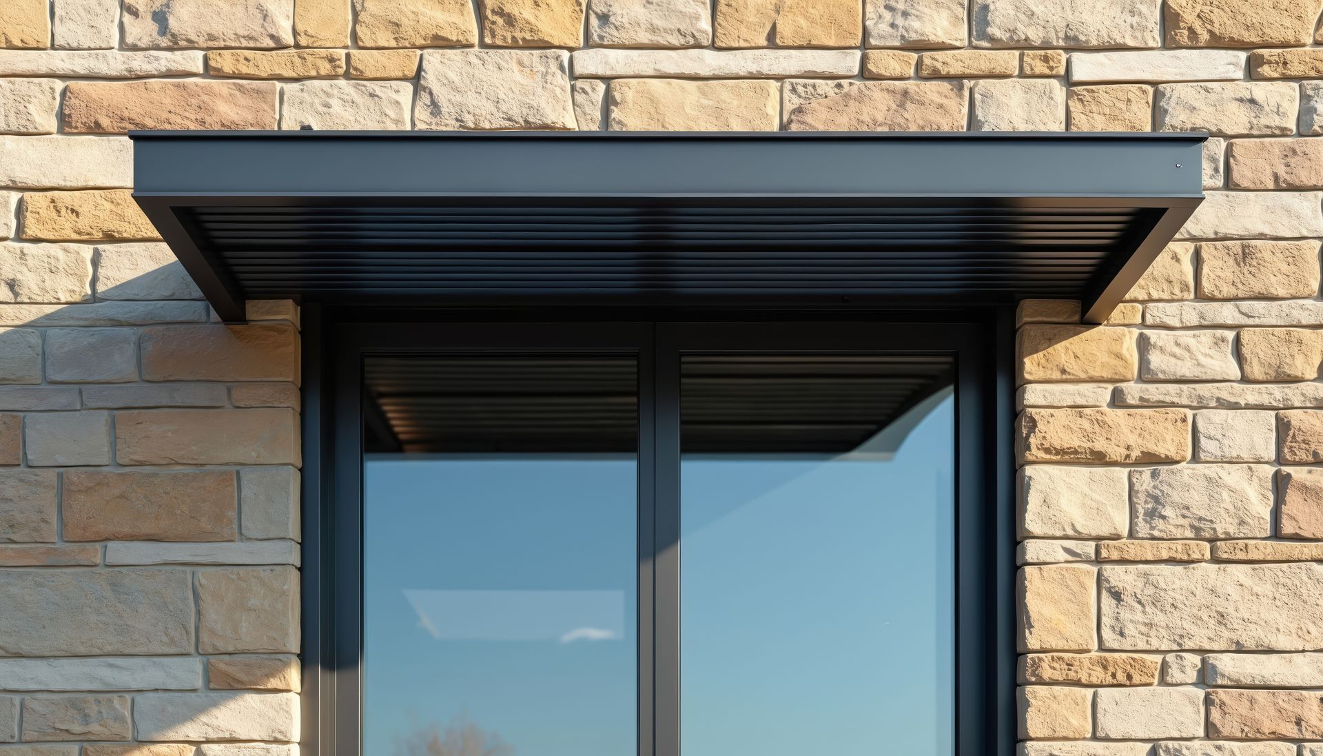 Durable metal awnings enhancing window shade and curb appeal on residential building. Durable metal awnings enhancing window shade and curb appeal on residential building.