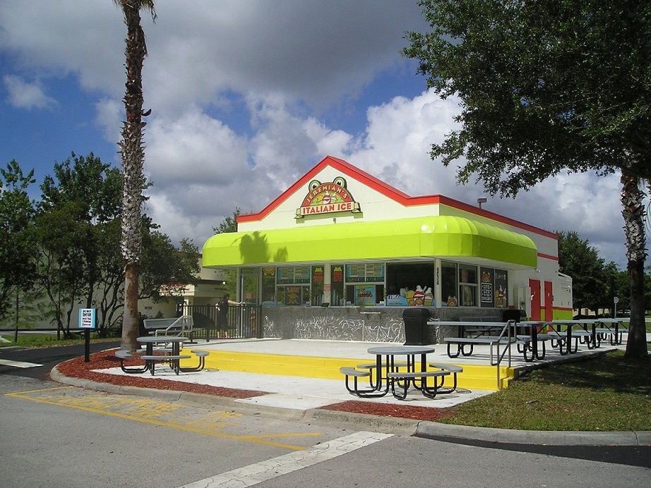 Red awning of 