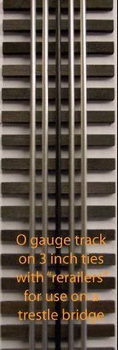 Gray model train track with trestle bridge rails and a small caption at the bottom.