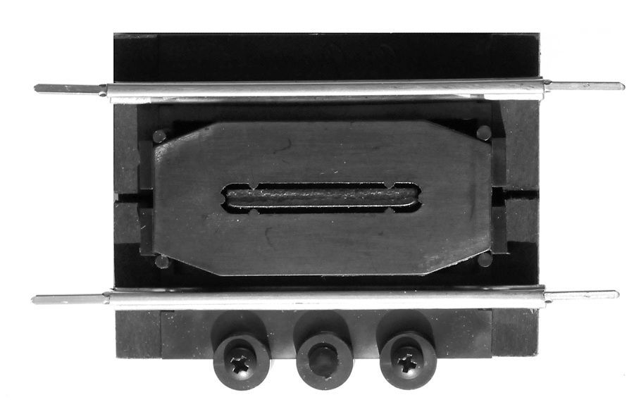 Black electronic connector with three front ports and metal mounting brackets on a white background