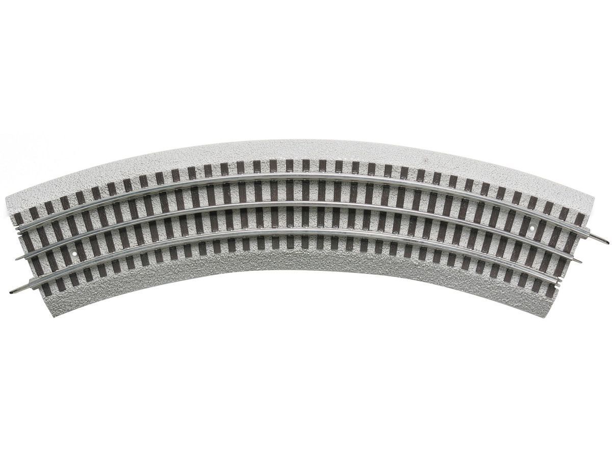 Curved gray LEGO-style train track segment on a white background