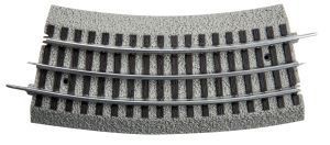 Curved gray model train track section with two rails and dark ties